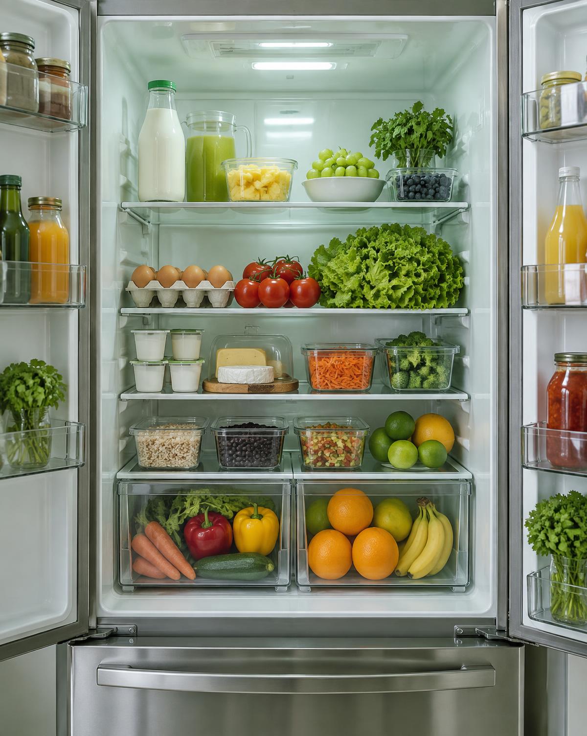 Geladeira aberta com alimentos sendo reconhecidos